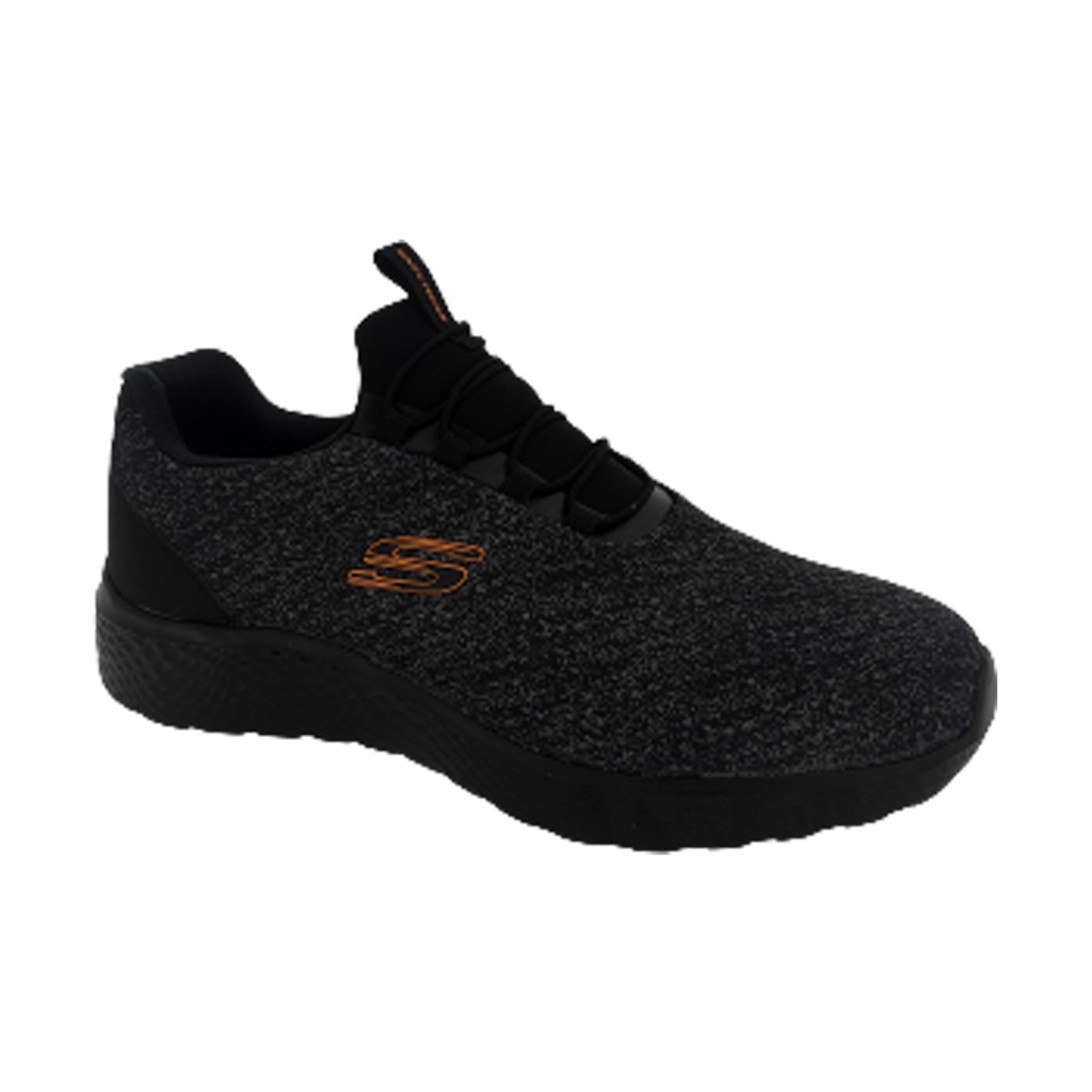 Orange and store black skechers